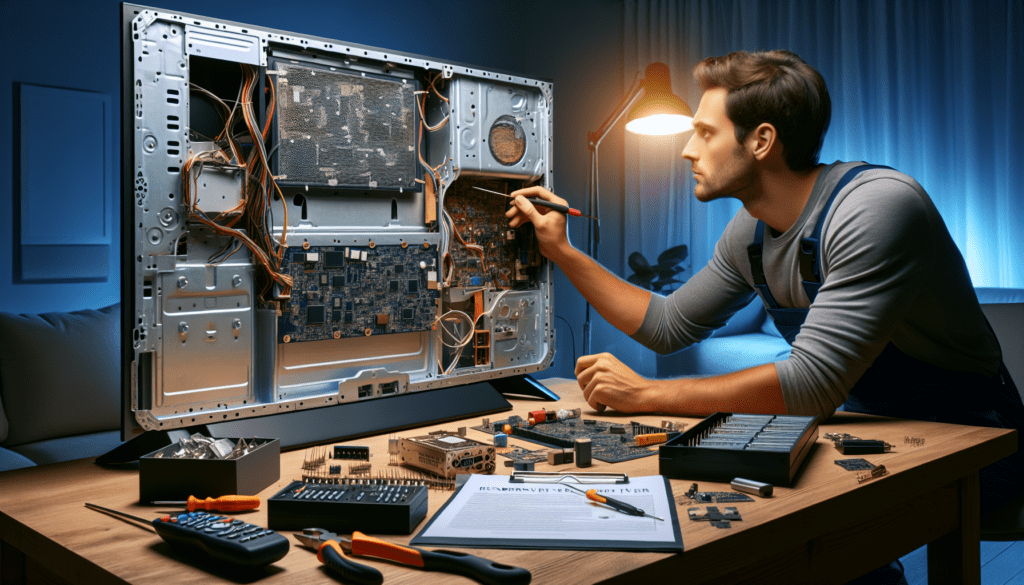 Technician using diagnostic tools on television circuit board